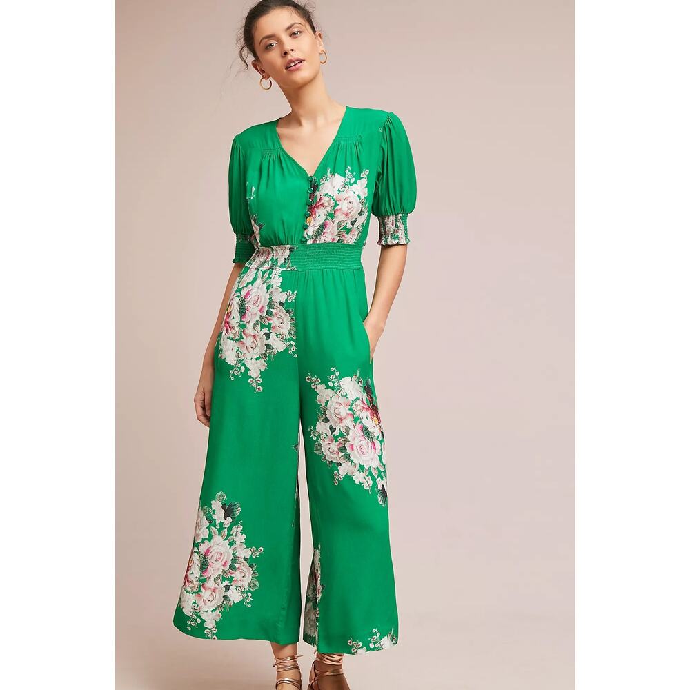 Tracy Reese Anthropologie Longwood Floral Jumpsuit Women’s 16 Kelly Green Puff